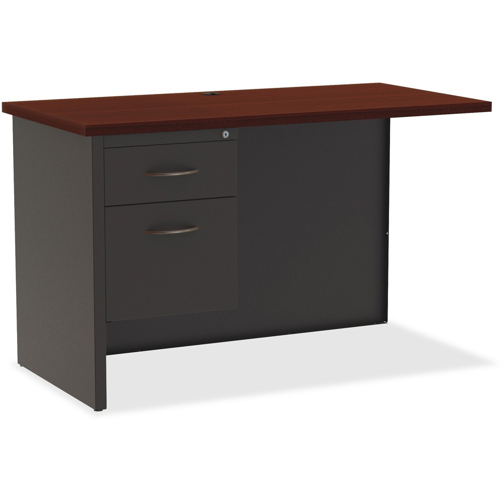 LLR79156 - Left return is part of the Lorell Commercial Steel Desk Series with commercial-quality performance and components. Durable steel chassis supports a 1-1/8" thick, laminated top. Laminate is stain-resistant and scratch-resistant for durability. This 48" wide left return can be combined with a right desk or right credenza to create an L-workstation. This unit is not intended to be freestanding. The single pedestal on the return includes one box drawer for supplies and one file drawer for hanging file folders. Both lock. Steel ball-bearing suspension makes drawers easy to operate. Built-in cord management provides easy access to power and data while minimizing clutter. Rich mahogany laminate and charcoal paint create an upscale look and feel for any application. Superior steel construction withstands heavy activity and relocation.
