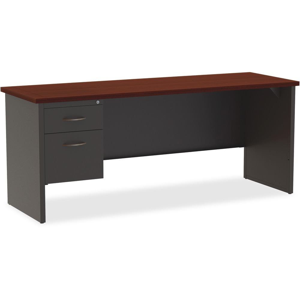 LLR79164 - Left-pedestal credenza is part of the Lorell Commercial Steel Desk Series with commercial-quality performance and components. Durable steel chassis supports a 1-1/8" thick, laminated top. Laminate is stain-resistant and scratch-resistant for durability. This 72" wide, left-pedestal credenza with adjustable leveling glides can be used freestanding or paired with a right return to create an L-workstation. To create a U-workstation, simply combine it with a bridge and right credenza. Credenza includes one box drawer for supplies and one file drawer for hanging file folders. Both lock. Steel ball-bearing suspension makes drawers easy to operate quietly. Built-in cord management with two grommets in the top and two more grommets on the end panels provides easy access to power and data while minimizing clutter. The rich mahogany laminate and charcoal paint create an upscale look and feel for any application. Superior steel construction withstands heavy activity and relocation.