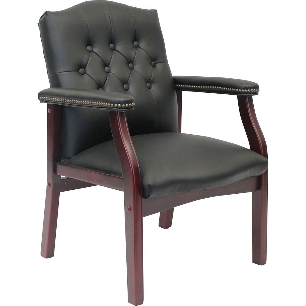 BOPB959BK - Traditional Executive Guest Chair is made with Caressoft Plus vinyl that is an ultra-soft, breathable upholstery. Material looks and feels like leather but is more durable and easy to clean. Strong, four-leg, mahogany base adds a pop of color and class to the chair. It sits at a fixed height and offers a weight capacity of 275 lb.