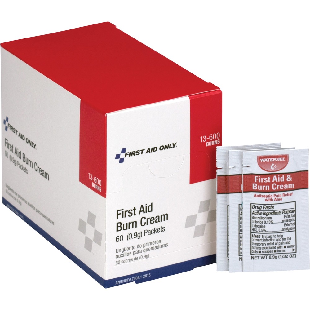 FAO13600 - Burn cream provides soothing relief from painful burns as they begin to heal. Effective formula contains benzalkonium chloride to help quickly relieve pain. Packets of burn cream are packaged for individual use and allow easy application. Burn cream meets ANSI Z308.1 requirements for a compliant first aid kit.