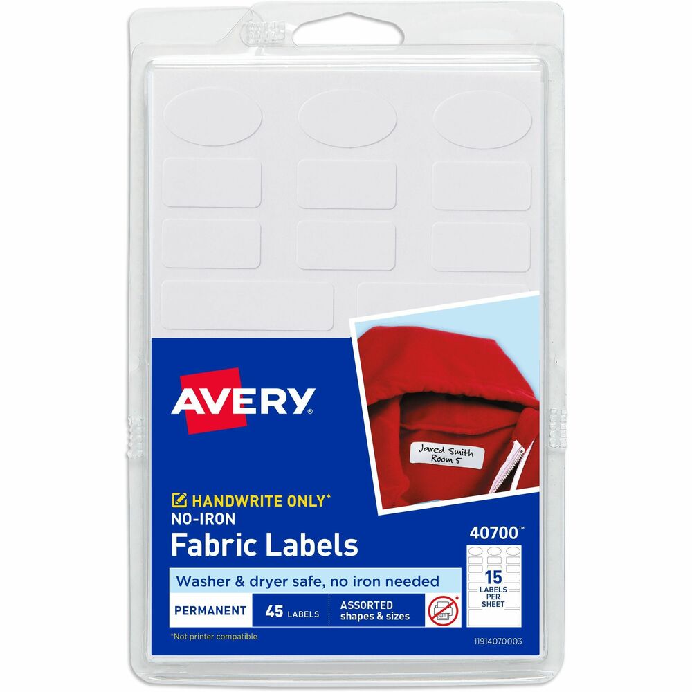 AVE40700 - Make sure clothing always gets returned to its rightful owner with these no-iron clothing labels. They're great for jackets, school uniforms, baby clothes, blankets and backpacks. Assorted pack includes oval labels and three sizes of rectangular labels. Simply write with a permanent marker, peel and stick. The labels with permanent adhesive work with many fabrics and are durable enough to withstand multiple washer and dryer cycles. Keep your children's clothing out of the lost-and-found with these no-iron labels. Each sheet includes 15 labels.