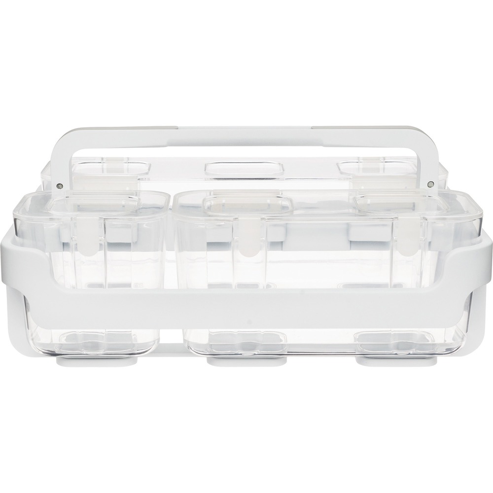 DEF29003 - Caddy organizer features an integrated handle/locking system that allows on-the-go storage. Removable storage containers are equipped with hinged, snap-tight lids to secure your supplies. Each compartment also mounts on the wall using a mounting bar (sold separately) for versatile storage. White caddy and the included three containers are made of plastic. The clear canisters come in three sizes: small, medium and large for versatile organizing.
