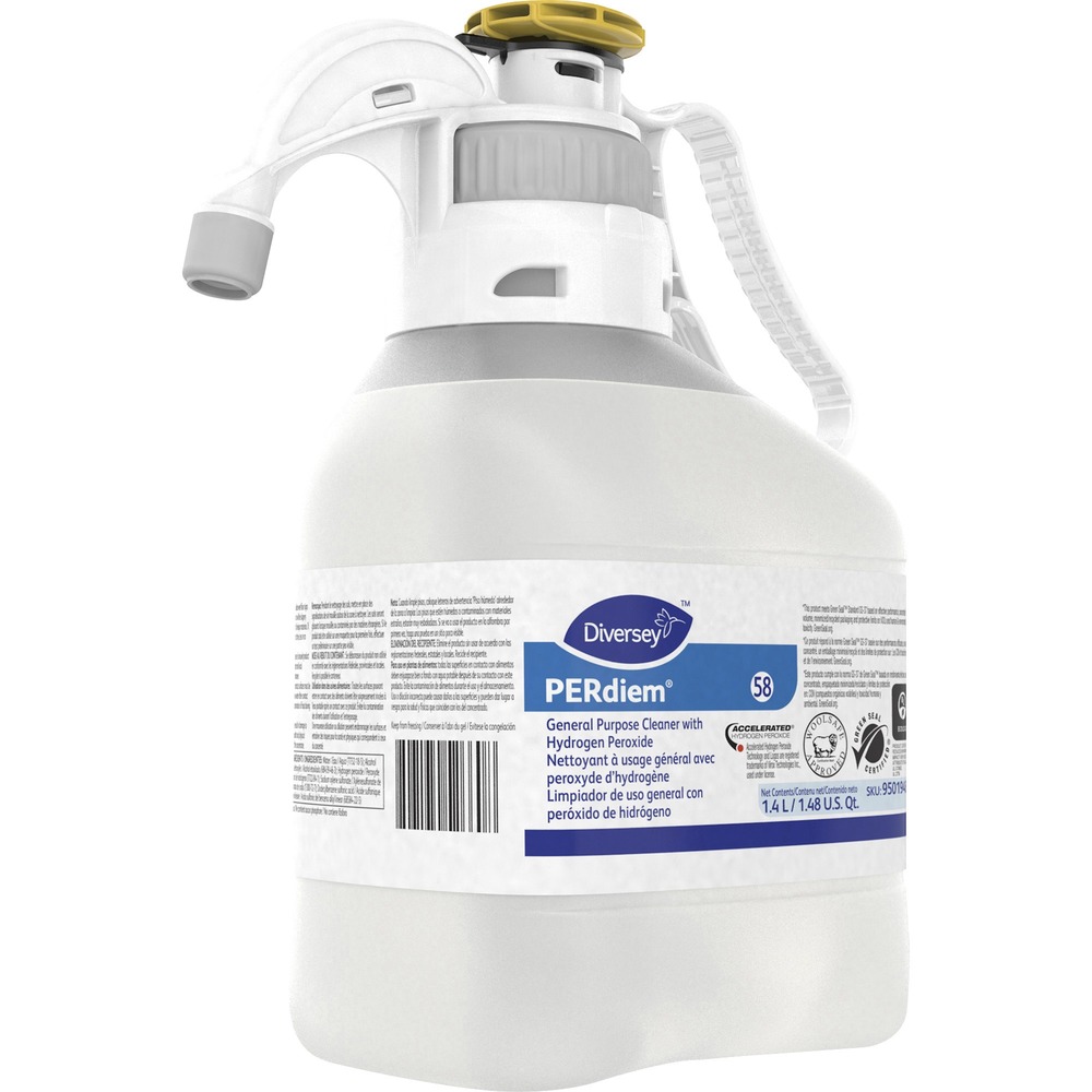 DVO95019481 - A concentrated, heavy-duty cleaner is safe to use on most hard floors and surfaces, including marble. It is based on proprietary Accelerated Hydrogen Peroxide (AHP) technology. Multiple dilutions allow cleaning a wide range of cleaning applications, including floors, walls, glass and other hard surfaces. PERdiem General-purpose Cleaner can be used for carpet extraction, pre-spray and spotting. Use in auto scrubbers, mop and bucket and spray-and-wipe applications. Bottle and pump are designed not to waste concentrate because they evacuate 99.9 percent of the liquid. Easy-to-use cleaner is colorless and odorless with no added dyes or fragrance. It is environmentally sustainable and recyclable. This PERdiem cleaner is part of the Diversey SmartDose system, effectively delivering accurate doses of concentrated product simply, safely and swiftly.