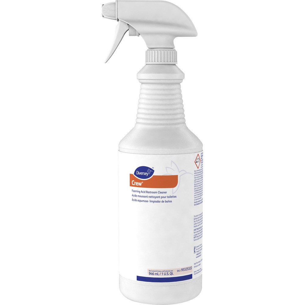 DVO95325322 - A ready-to-use, acid-based cleaner delivers powerful foaming action for fast, efficient maintenance of shower stalls, tubs, sinks, floors, walls, toilet bowls, urinals and other similar surfaces. Foaming formula increases dwell time on vertical surfaces. Use Foaming Acid Restroom Cleaner only on acid-resistant surfaces such as ceramic tile, fiberglass, quarry tile, chrome and stainless steel. Strong acid removes soap scum and hard water deposits from surfaces in the restroom.