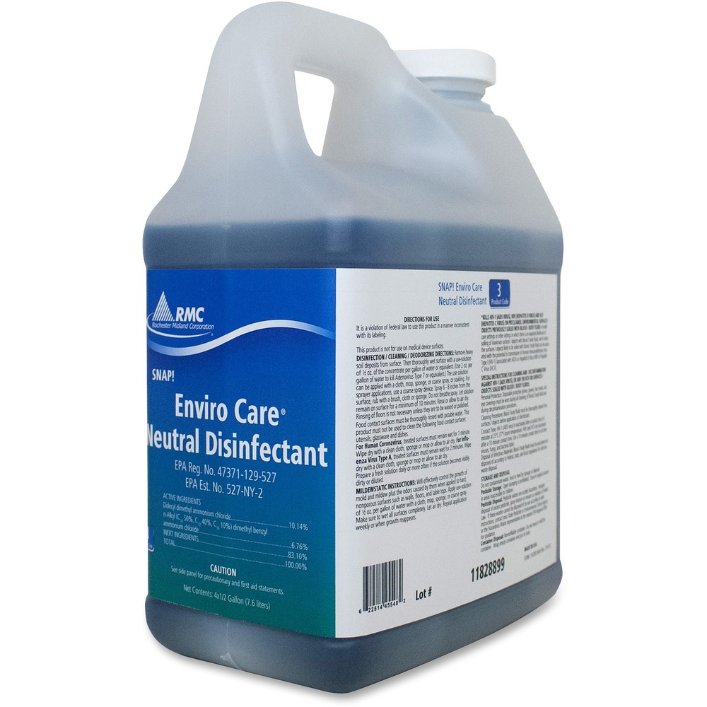 RCM11828899 - Hospital-type, neutral pH disinfectant cleans, disinfects and deodorizes hard surfaces to kill H1N1, VRE, HIV (AIDS), HBV, HCV, MRSA and more. It is effective against SARS-CoV-2 virus, the cause of COVID-19, in 1 minute. Noncorrosive, concentrated formula is recommended for use in hospitals, nursing homes, schools, colleges, veterinary clinics and industrial institutions. It requires no rinsing and is great for use on glass and stainless steel. Neutral formula will not dull floor finishes. Enviro Care Neutral Disinfectant EZ-Mix automatically dilutes through RMC's EZ Mix Dispenser (not included) that dispenses the right amount of product for spray bottles or buckets/auto scrubbers. Dilution ratio (1:256) is 1/2 oz. of cleaner per gallon of water.