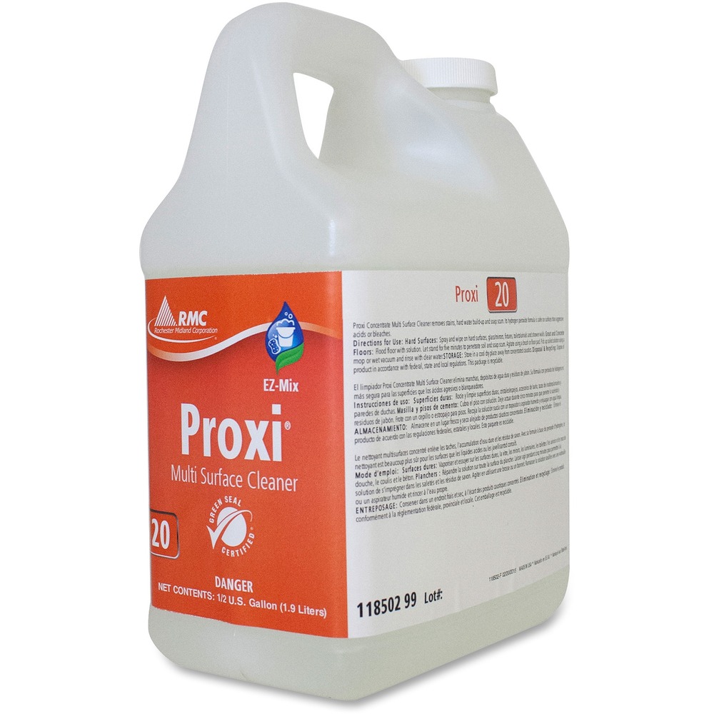 RCM11850299 - Multisurface cleaner removes stains, hard-water buildup, soap scum and more on floors, restrooms, glass and mirrors. Versatile, super-concentrated formula is hydrogen peroxide-based and safe on hard surfaces and leaves no residue. One cleaner for multiple applications saves time and money. Proxi Multipurpose automatically dilutes through RMC's EZ Mix Dispenser (sold separately) that dispenses the right amount of product for spray bottles or buckets/auto scrubbers.