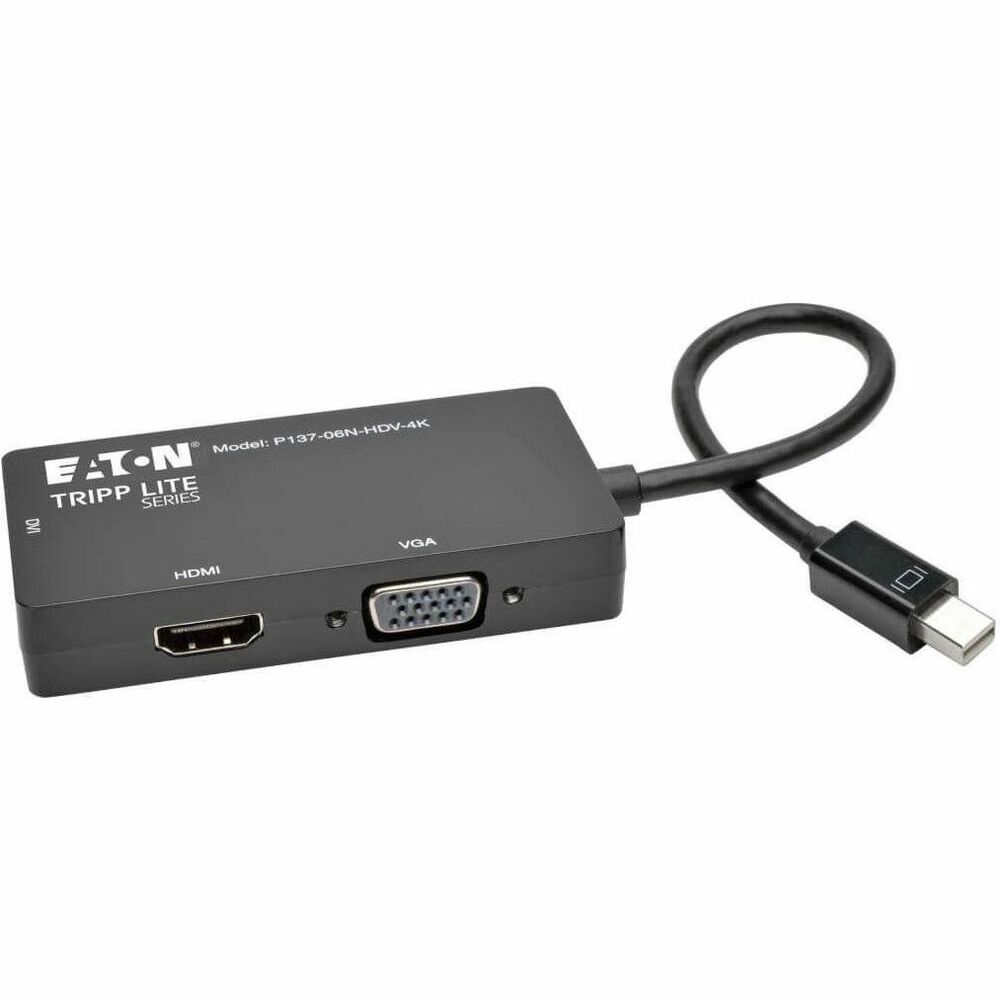 TRPP13706NHDV4K - Mini DisplayPort 1.2 to VGA/DVI/HDMI converter adapter connects your laptop or tablet's Mini DisplayPort or Thunderbolt 1/2 port to a VGA, DVI or HDMI display. Plug-and-play technology makes installation quick and simple - with no software or drivers to install. The all-in-one unit contains separate female DVI, HD15 and HDMI ports. Converter adapter supports video resolutions up to 1920 x 1080 (DVI), and 1920 x 1200, including 1080p (HD15), and 3840 x 2160 (HDMI). It also supports 36-bit Deep Color (12 bits per channel). The passive adapter requires the connected computer to have a DP++ (DisplayPort++) port. With its small size and built-in cable, this unit is perfect for stowing in your laptop bag and carrying to school, the office or the latest trade show. More from the Manufacturer