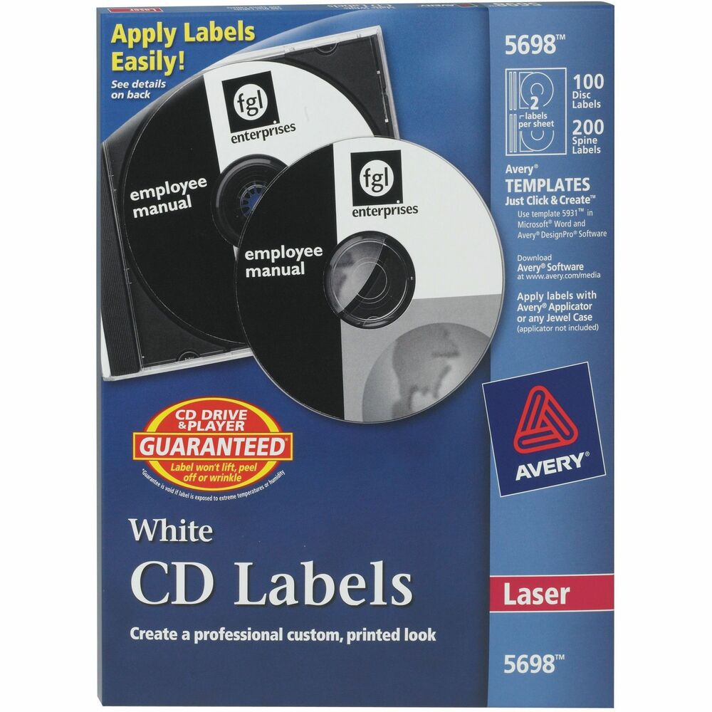 AVE5698 - Create high-quality, custom-made Disc and Spine Labels to catalog your CD/DVD collections using free downloadable DesignPro software and predesigned free templates that work in over 100 popular software programs. Easily print your labels then apply to CDs or DVDs with any jewel case. Labels are ideal for organizing digital photo albums, music collections and data backups. More from the Manufacturer