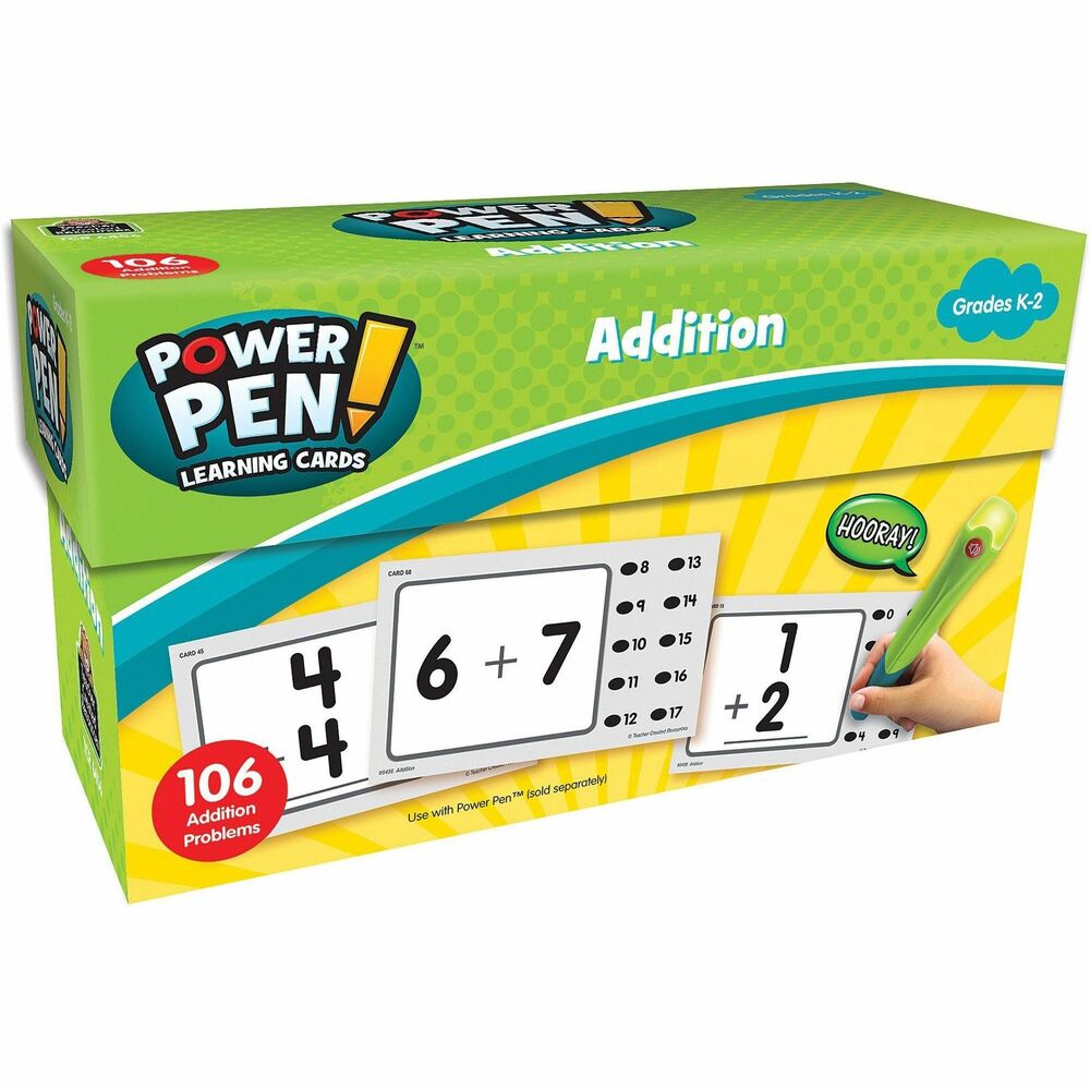TCR6456 - Learning cards set provides a variety of ways to let your students practice and reinforce important math skills. Grade-level appropriate math problems help students develop a better understanding of addition. Double-sided cards provide a perfect way for students to practice adding numbers horizontally and vertically, whole numbers, single-digit numbers and double-digit numbers. Cards are compatible with the Teacher Created Resource Power Pen (sold separately) for immediate feedback with an audio and visual response. Set is designed for children attending kindergarten to second-grade.