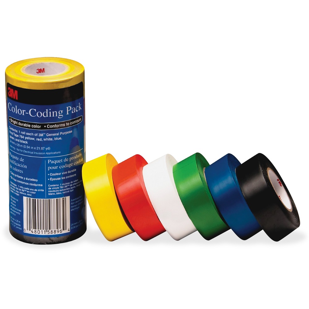 MMM7641226PK - General-purpose Vinyl Tape 764 can be used in noncritical applications such as color-coding; bundling and safety marking; temporary marking of parts or machines; and protecting parts, equipment or products from abrasion. Bright durable colors include yellow, red, white, blue, green and black. The noncorrosive, abrasion-resistant tape is conformable to contours, moisture-resistant and wear-resistant. It is easy to apply. Tape features a vinyl backing, rubber adhesive, conformability and good instant adhesion. It should not be used for electrical applications. More from the Manufacturer