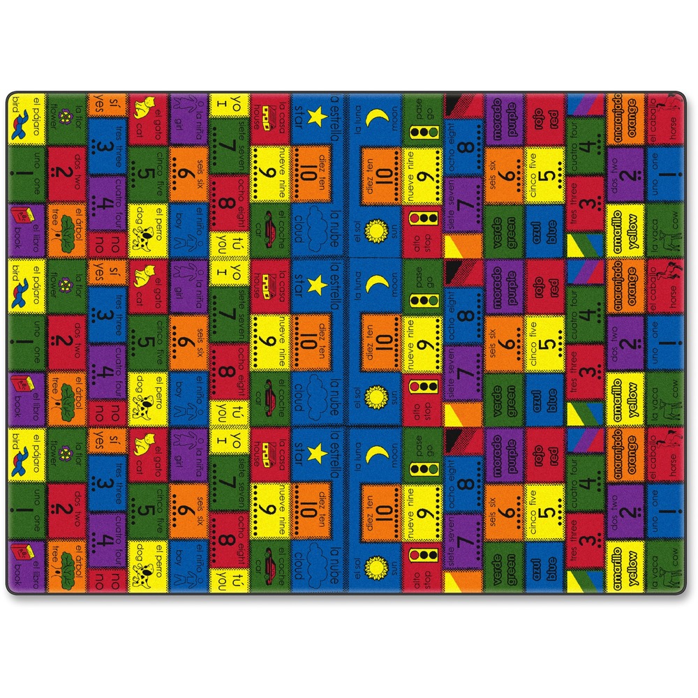 FCIFE10926A - Introduce Spanish to your learning center with this bilingual rug. A colorful patchwork of numbers, colors and pictures with both Spanish and English words help children develop early language skills. High-quality print is manufactured at 625 dpi for crisp, detailed images with excellent definition and clarity. Highly durable design is bound and double-stitched with nylon edge yarn for reliable strength and sturdiness. Antimicrobial treatment helps you maintain a germ-free environment by guarding against odor, mildew and mold. Scotchgard Protector resists heavy soils so you can more effectively clean the rug after spills and accidents.