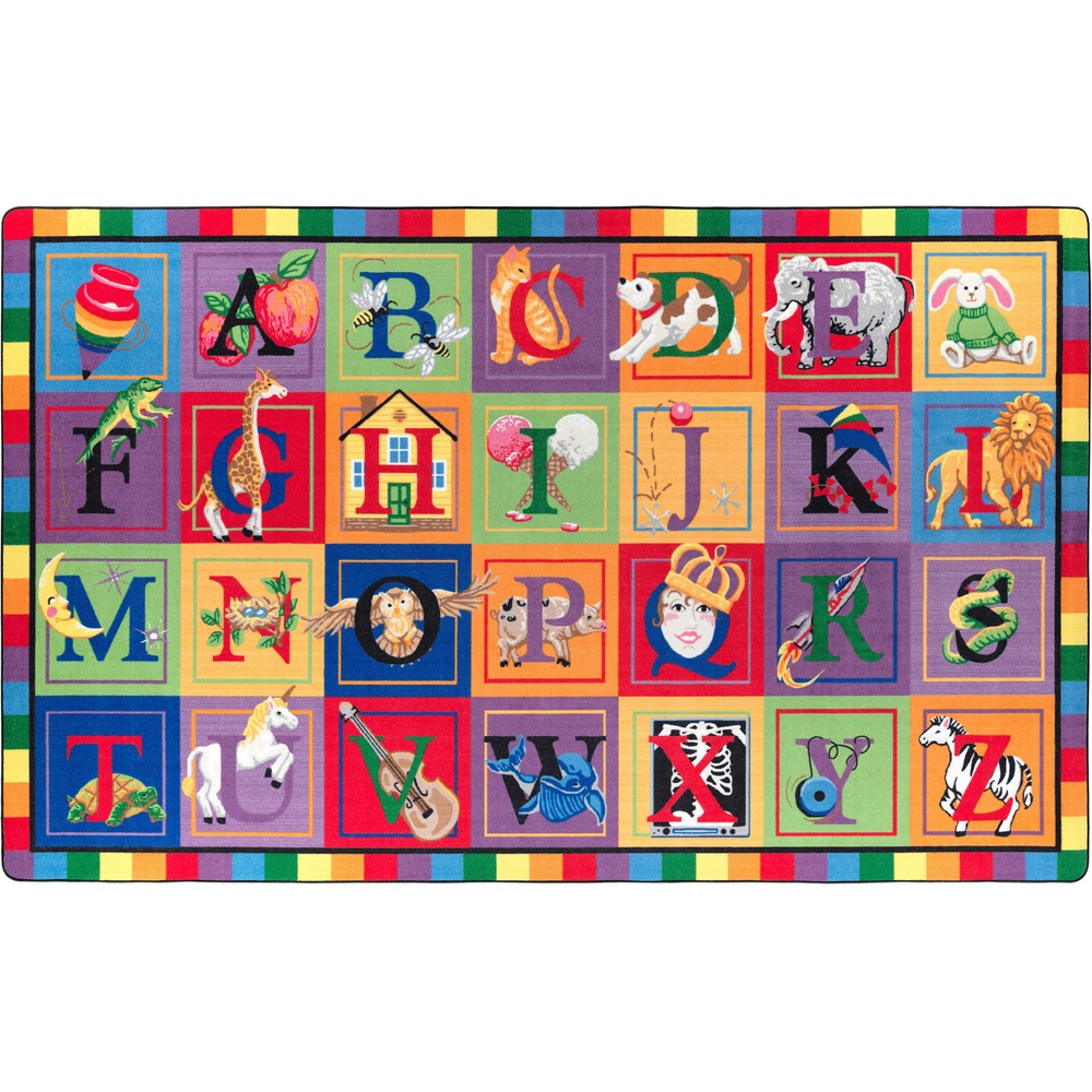 FCIFE11132A - Alphabet rug showcases every letter of the alphabet with clever examples of each letter's usage. Engaging design helps students correspond sounds to the imaginative pictures to build their letter-recognition skills. High-quality print is manufactured at 625 dpi for crisp, detailed images with excellent definition and clarity. Highly durable construction is bound and double-stitched with nylon edge yarn for reliable strength and sturdiness. Antimicrobial treatment helps you maintain a germ-free environment by guarding against odor, mildew and mold. Scotchgard Protector resists heavy soils so you can more effectively clean the rug after spills and accidents.