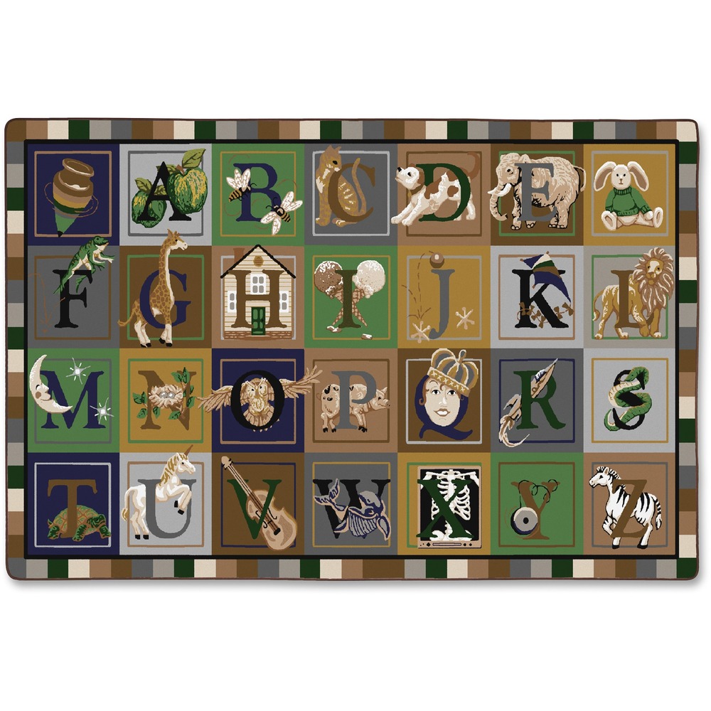 FCIFM17332A - Alphabet rug showcases every letter of the alphabet with clever examples of each letter's usage. Engaging design helps students correspond sounds to the imaginative pictures to build their letter-recognition skills. High-quality print is manufactured at 625 dpi for crisp, detailed images with excellent definition and clarity. Highly durable construction is bound and double-stitched with nylon edge yarn for reliable strength and sturdiness. Antimicrobial treatment helps you maintain a germ-free environment by guarding against odor, mildew and mold. Scotchgard Protector resists heavy soils so you can more effectively clean the rug after spills and accidents.