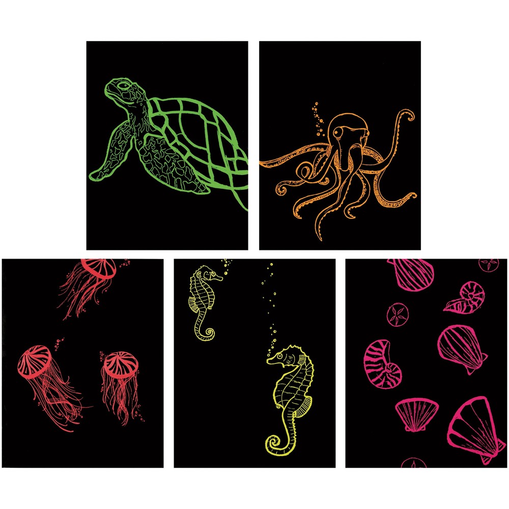 PAC4622 - Now You See It! Art Papers are a fun art project children of all ages will enjoy. Use the included etching stick to reveal the color underneath. Each package also comes with illustration and design suggestions. Fluorescent Flash assortment includes solid fluorescent sheets of yellow, pink, green red and orange with a black coating.