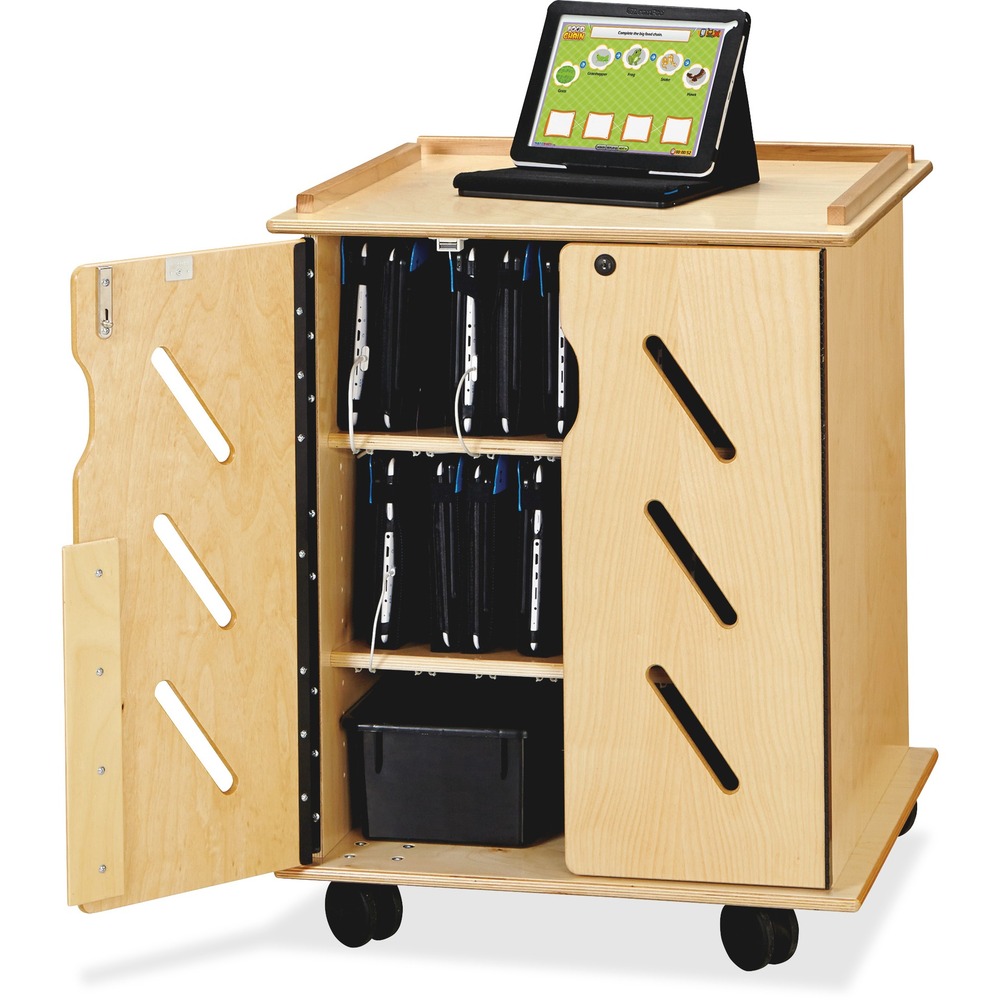 JNT3400JC - Laptop/tablet storage cart safely secures up to 32 devices with style. Unique cord-management system makes syncing and recharging your devices a cinch. Reconfigurable design can be adjusted to support a variety of devices. Plus, two cubby trays provide easy storage of extra chargers, cords and attachments. KYDZSafe rounded edges allow children to play safely without getting hurt by sharp edges or corners. Dowel-pin construction prevents weakening at the joints for enhanced structural support. Ultra-durable coating resists yellowing over time to keep your center looking as new as the day you purchased it. Full-length piano hinges prevent small fingers from being pinched when the door is opened or closed.