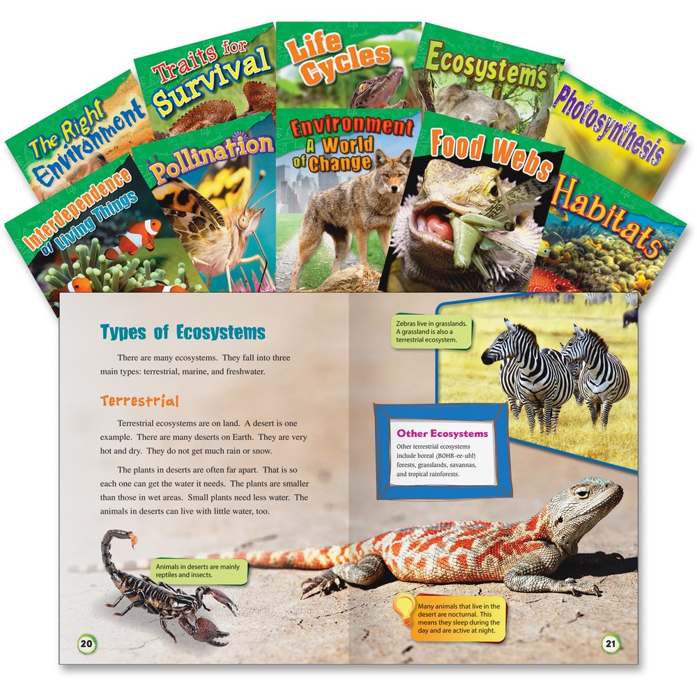 SHL23425 - Let your students learn and explore life science with this 10-book set. Organized sections teach students about pollination, ecosystems, habitats, life cycles and more. Vibrant images are paired with easy-to-read text to keep students engaged from cover to cover. Titles include Pollination; Interdependence of Living Things; Ecosystems; Habitats; Environment: A World of Change; Life Cycles; Food Webs; Traits for Survival; Photosynthesis; The Right Environment. Set is designed for second-graders and third-graders.