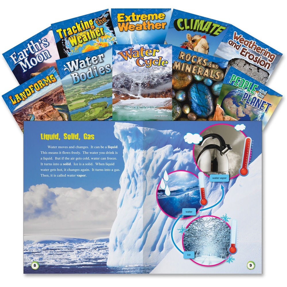 SHL23422 - Let your students learn and explore earth and space science with this 10-book set. Organized sections teach students about the makeup of the earth, including the weather, bodies of water, types of land and the moon. Vibrant images are paired with easy-to-read text to keep students engaged from cover to cover. Titles include Landforms; Water Bodies; Rocks and Minerals; Weathering and Erosion; Water Cycle; Extreme Weather; Tracking the Weather; Climate; People and the Planet; Earth's Moon. Set is designed for second-graders and third-graders.