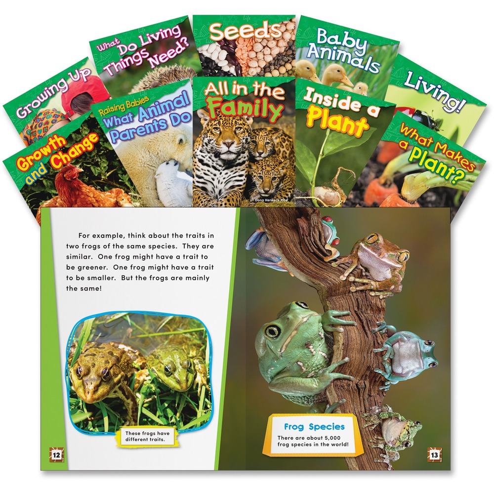 SHL23427 - Let your students learn and explore life science with this 10-book set. Organized sections teach students about growth and change in plants, animals and humans. Vibrant images are paired with easy-to-read text to keep students engaged from cover to cover. Titles include Living; Baby Animals; Seeds; What Do Living Things Need; Growing Up; What Makes a Plant; Inside a Plant; Raising Babies: What Animal Parents Do; Growth and Change; All in the Family. Set is designed for kindergarten to first-grade.