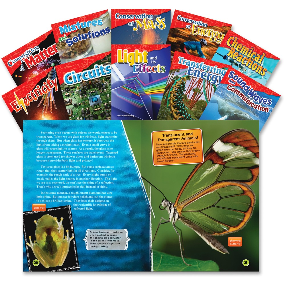 SHL23429 - Let your students learn and explore physical science with this 10-book set. Organized sections teach students about electricity, sound waves, light, matter, mass and more. Vibrant images are paired with easy-to-read text to keep students engaged from cover to cover. Titles include Electricity; Circuits; Transferring Energy; Sound Waves and Communication; Light and Its Effects; Composition of Matter; Mixtures and Solutions; Conservation of Mass; Conservation of Energy; Chemical Reactions. Set is designed for fourth-graders and fifth-graders.