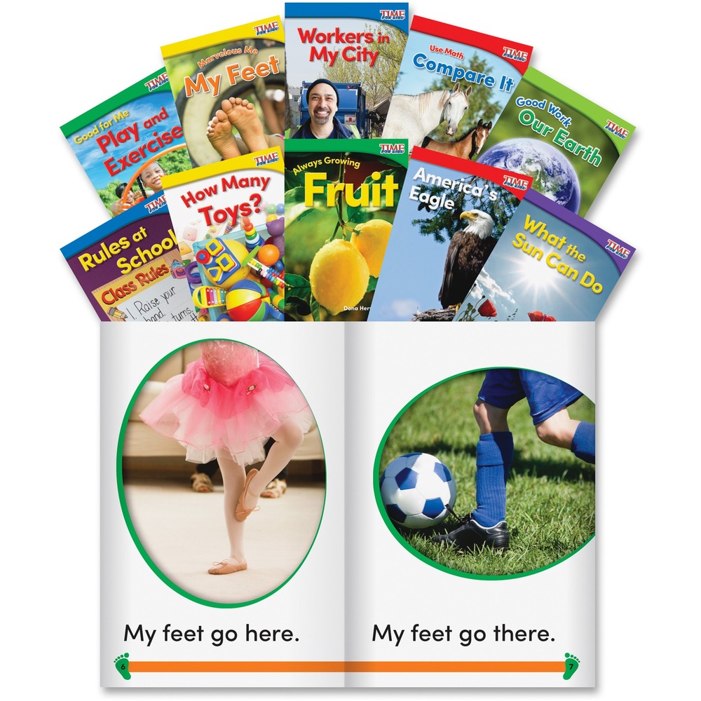 SHL24705 - Motivate your beginning readers with these engaging books featuring TIME for Kids content, science, colorful graphics, math and social studies themes. Familiar concepts help children develop a natural progression in their reading skills. Titles include What the Sun Can Do; America's Eagle; Always Growing: Fruit; How Many Toys; Rules at School; Good Work: Our Earth; Use Math: Compare It; Workers in My City; Marvelous Me: My Feet; Good for Me: Play and Exercise. Set is designed for children in kindergarten.