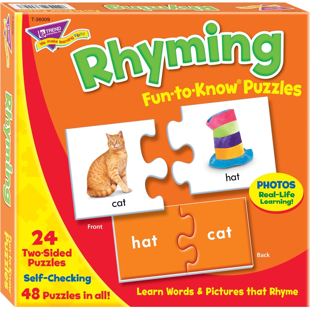 TEP36009 - Help children build confidence and achieve success with fun, two-piece puzzles that hone their skills at their own pace. Match words to full-color photos for real-life learning. Only matching pieces fit together. Puzzles present short and long vowel rhyming words with photo sound cues. Durable, 3" x 3" pieces come in sturdy storage box. Rhyming Fun-to-Know Puzzles are ideal for teaching ages 3 and up.