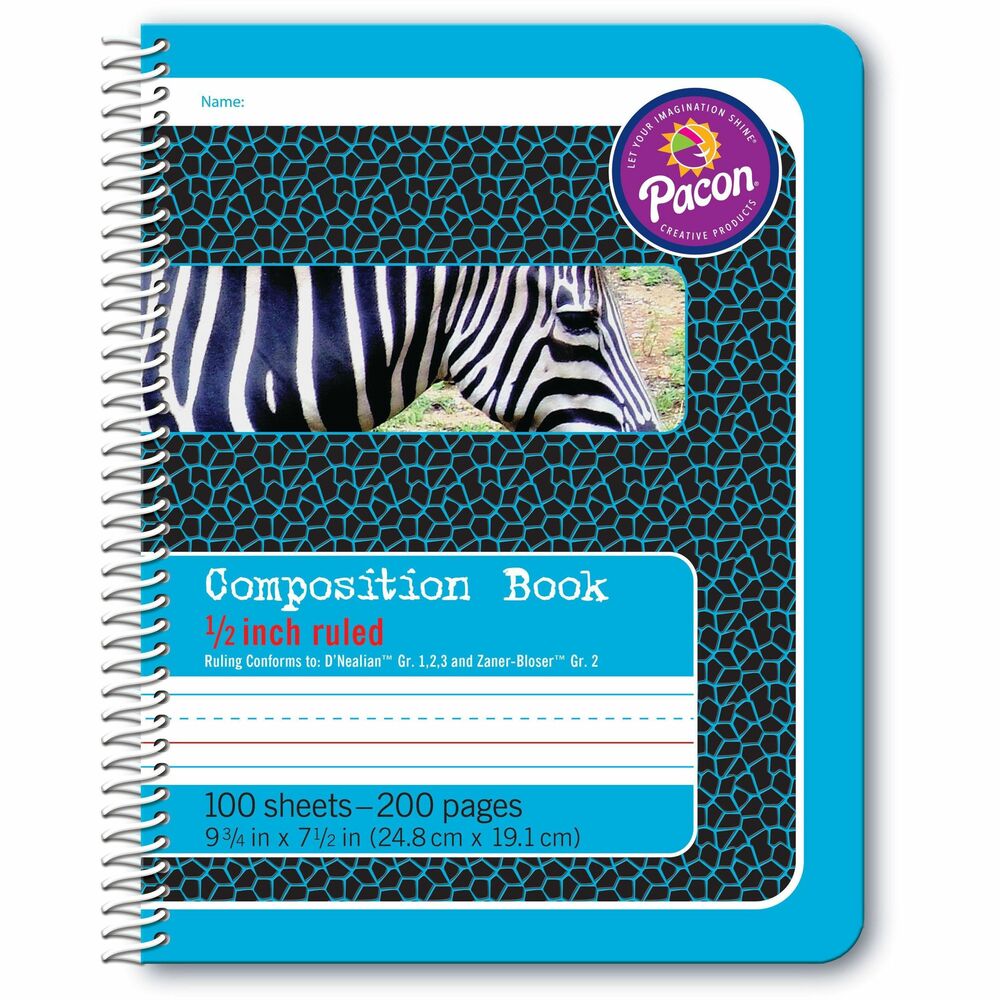PAC2429 - Composition book helps track students' handwriting progress with fully, 1/2" (short) ruled sheets. Colorful, distinctive spiral-bound cover makes it easy to find the grade level and ruling you are looking for. Spiral binding allows the book to lie flat when open for writing so it's perfect for note-taking. Inside front cover is printed with the alphabet. Rulings conform to D'Nealian (1, 2 and 3) and Zaner Bloser (2) handwriting styles. The dotted midline and the skip space are 1/4". Composition book contains 100 sheets or 200 pages.