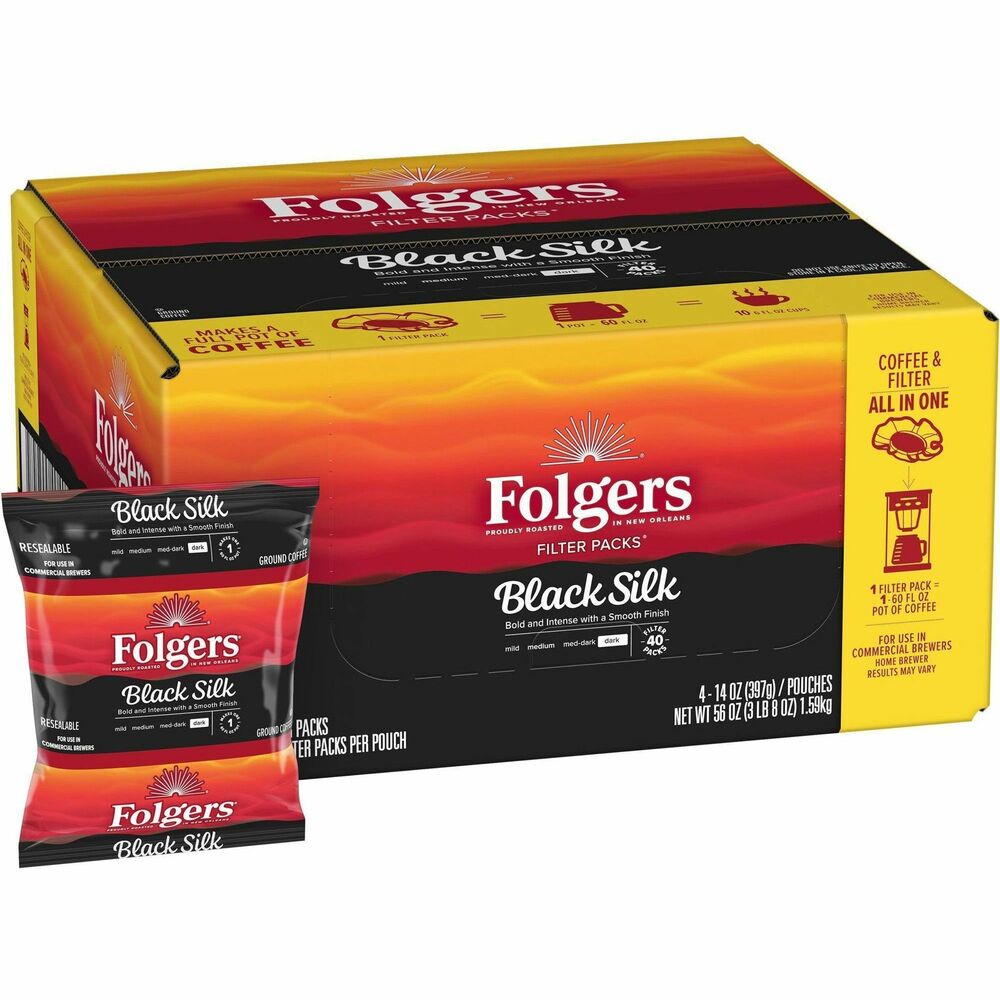 FOL00016 - Folgers Filter Packs are a low-touch, convenient way to deliver coffee employees love. By brewing premeasured coffee grounds in a sealed filter, offices can eliminate potential points of contact with grounds. The rich flavor of Folgers is more than just coffee - it's tradition. Dark roast lovers will appreciate the luxurious, smooth finish and tempting aroma of Folgers Black Silk roast.