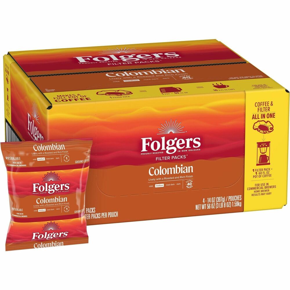 FOL10107 - Folgers Filter Packs are a low-touch, convenient way to deliver coffee employees love. By brewing premeasured coffee grounds in a sealed filter, offices can eliminate potential points of contact with grounds. The rich flavor of Folgers is more than just coffee - it's tradition. Folgers Colombian coffee provides a rich, medium-roast flavor and aroma.
