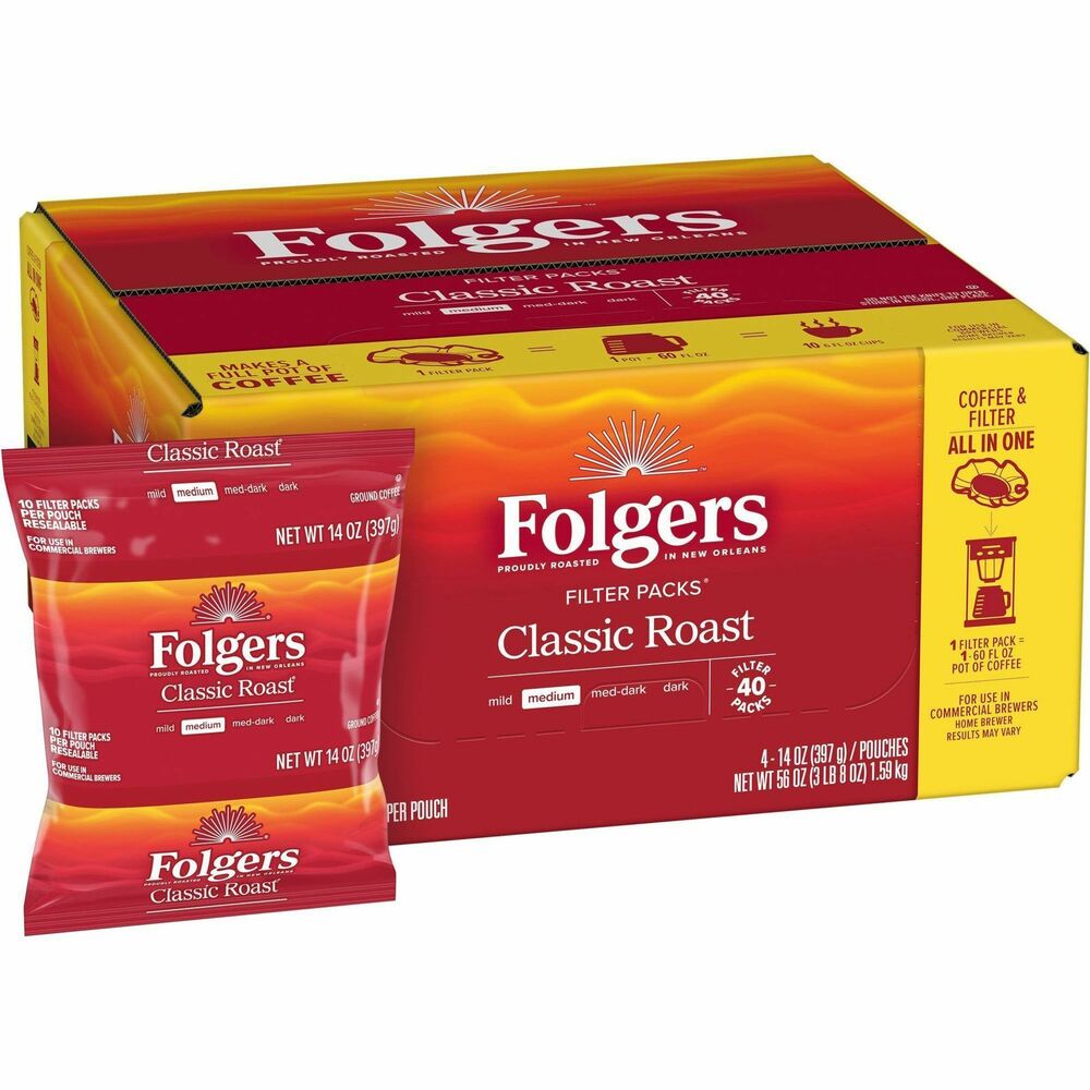 FOL10117 - Folgers Filter Packs are a low-touch, convenient way to deliver coffee employees love. By brewing premeasured coffee grounds in a sealed filter, offices can eliminate potential points of contact with grounds. The rich flavor of Folgers is more than just coffee - it's tradition. Popular medium roast, Folgers Classic Roast, is carefully blended with the world's richest and most aromatic beans, delivering rich flavor and balanced character cup after cup.