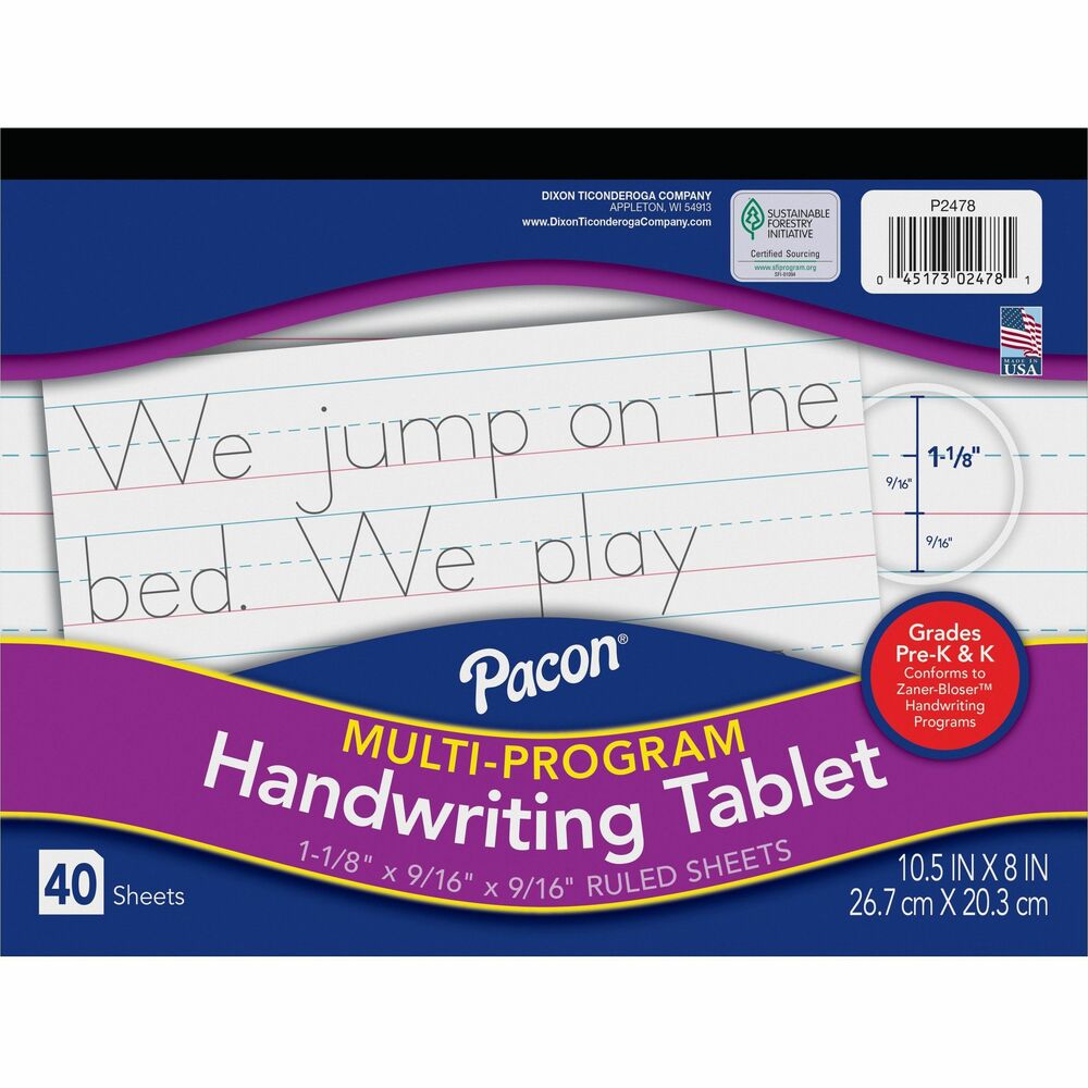 PAC2478 - Designed for kindergarten students, this Multi-Program Handwriting Tablet offers rulings that conform to both the Zaner-Bloser and D'Nealian handwriting programs. Bright tablet paper is ruled on both sides with red baselines, blue dotted midlines and blue headlines. The 1-1/8" ruling includes a 9/16" dotted midline and a 9/16" descender space. The tablet is equipped with a heavy chipboard back and is recyclable.