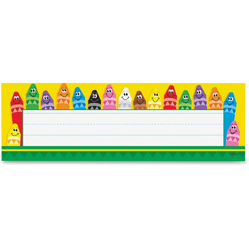 TEP69013 - Brighten your classroom with versatile nameplates that make each child feel important. They are great for labeling everything from lockers to storage units, or creating reminders, announcements and schedules. The space for the child's name is surrounded by cheerful, smiling crayons. Guidelines are included for printing and writing practice.