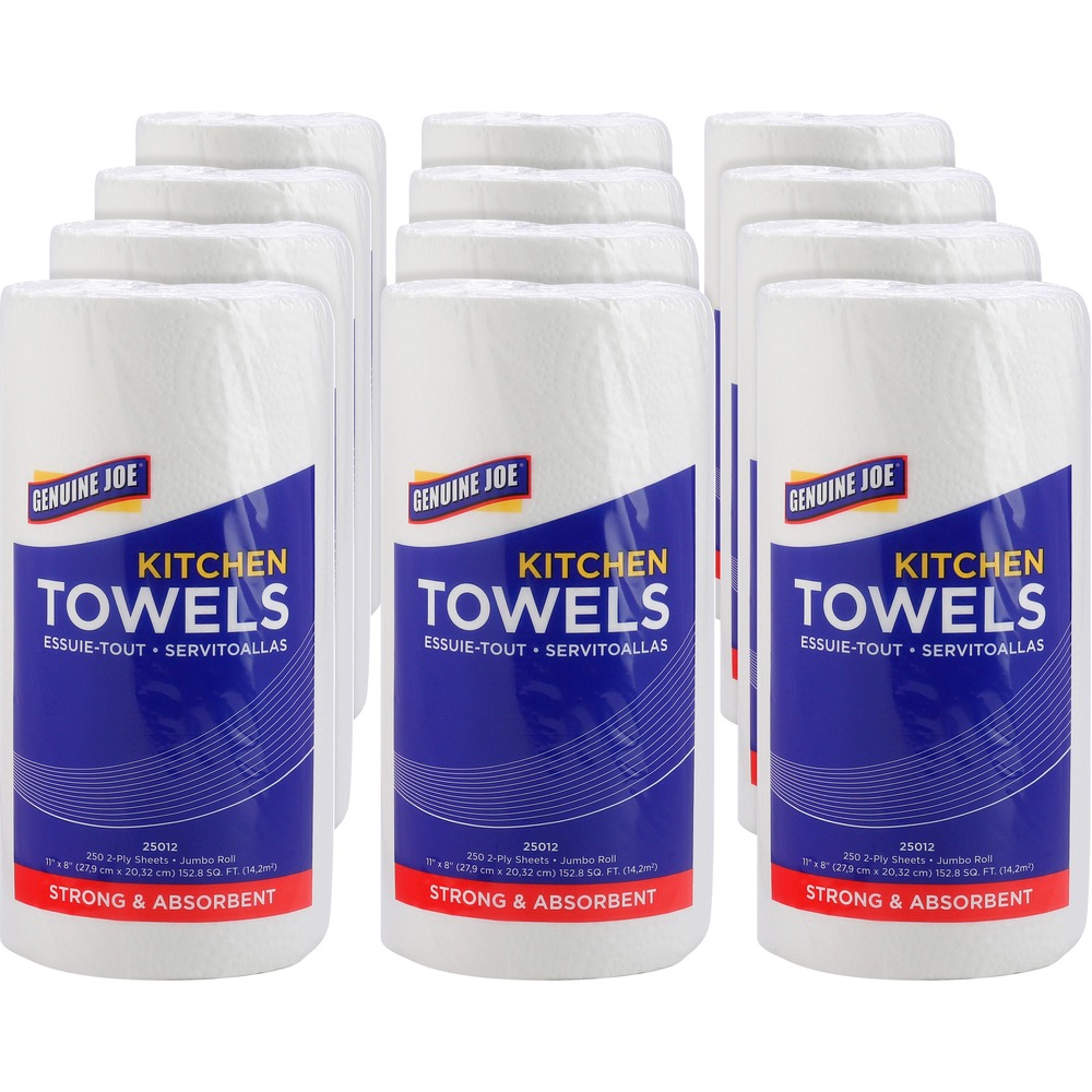 GJO25012 - These soft, absorbent paper towels feature a perforated edge to easily tear off a sheet to tackle spills, dry hands, clean surfaces, cover food or use for a variety of other purposes. Keep these rolls of towels in your kitchen, breakroom or anywhere else you need them. Two-ply construction means fast spill pickup and more liquid capacity.