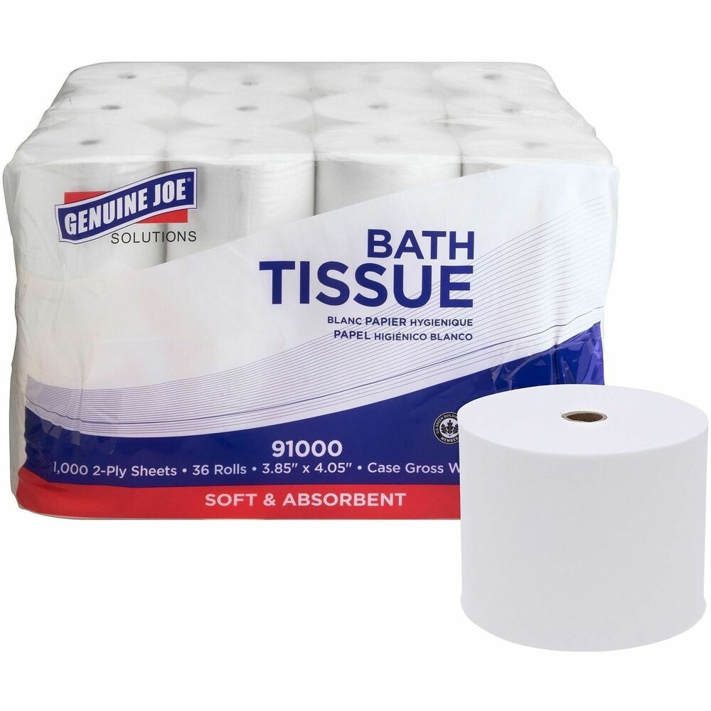 GJO91000 - Bath tissue is ideal for replacing standard tissue rolls. With 100 percent more tissue on a roll than standard rolls, this bath tissue doubles the capacity and reduces roll replacements. It is made from sustainable, virgin Rapidly Renewable Fiber (RRF) to produce a whiter, brighter, softer and greener product. This two-ply, embossed bath tissue provides an improved sensory hand feel that gives the ultimate at-home look and feel. Use these low-core rolls in Genuine Joe Solutions Bathroom Tissue Dispensers and with standard bathroom tissue roll dispensers with adapter.
