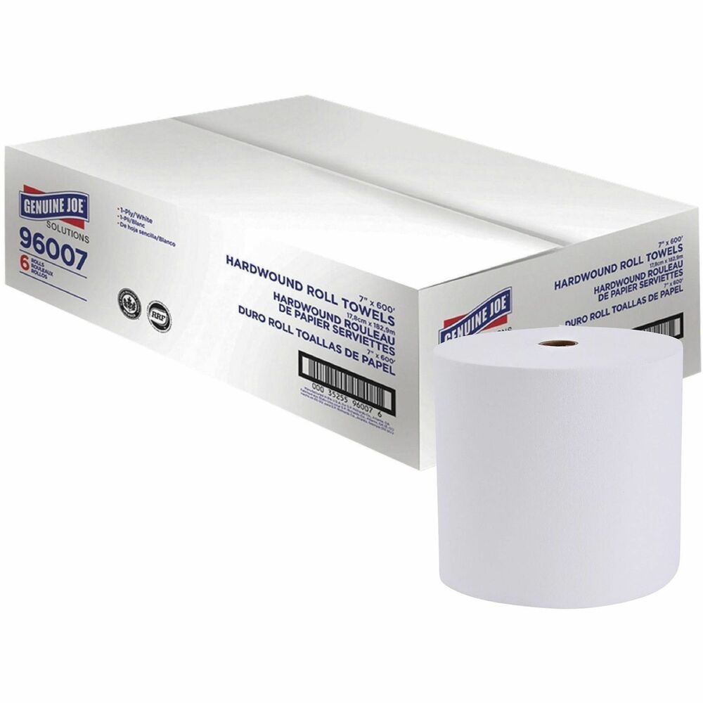 GJO96007 - Hardwound towels feature a reduced core for improved efficiency. They are made from sustainable, virgin Rapidly Renewable Fiber (RRF) to produce a whiter, brighter, softer and greener product. The small core allows more product on each roll so it will last longer and reduce labor costs through fewer roll changes. These one-ply, fully embossed towels deliver greater strength, absorbency and quality while being economically priced. Use in the Genuine Joe Solutions Hardwound Towel (HRT) Dispenser.