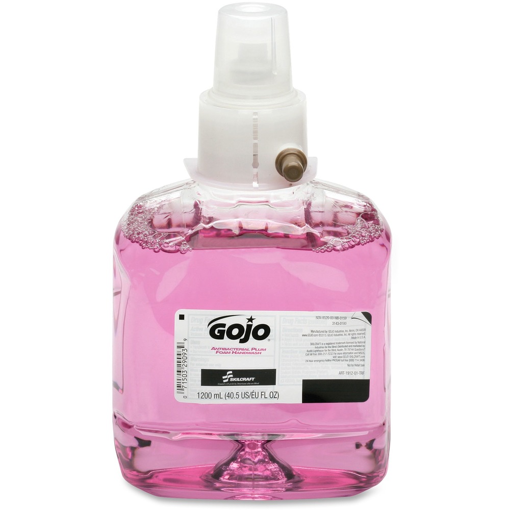 NSN6492724 - Foam handwash refill is enriched with a moisturizer and skin conditioner for soothing handwashing. USDA certified bio-based formulation offers a fresh plum fragrance. The 1200 mL controlled-collapse, recyclable PET bottle retains its shape longer yet uses 30 percent less material than standard rigid HDPE. Sanitary seal helps lock out germs. GOJO LTX high-performance refill fits GOJO LTX-12 Touch-Free Dispensers.