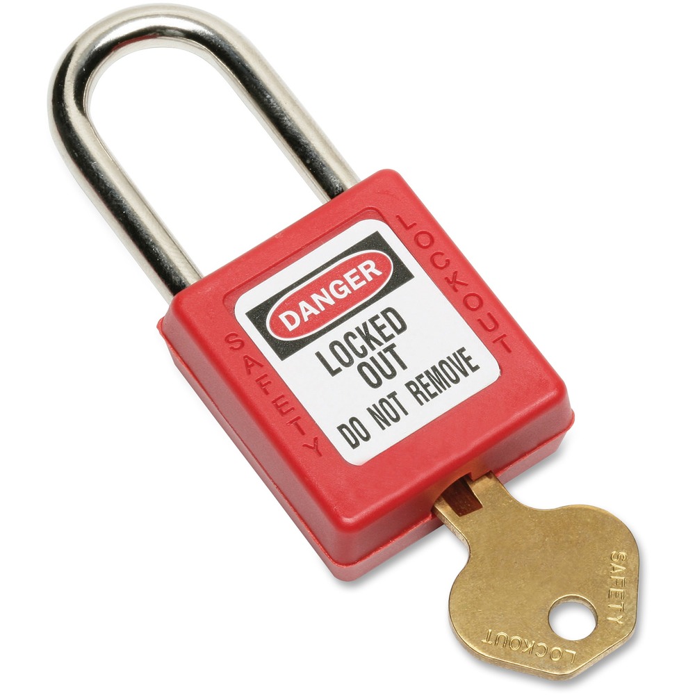 NSN6502617 - Safety padlock is designed exclusively for lockout/tagout applications to help ensure dangerous machines are properly turned off and not restarted before maintenance is complete. High-security, reserved-for-safety cylinder with key-retaining ensures padlock is not left unlocked. Message on case reads, "Locked Out Do Not Remove." Lock body stands up to chemicals and temperature extremes. It is UV stable. The durable, lightweight, lock body is easy to carry. The 1-3/8" wide x 1-7/8" tall Thermoplastic body has a 1-1/2" shackle clearance.