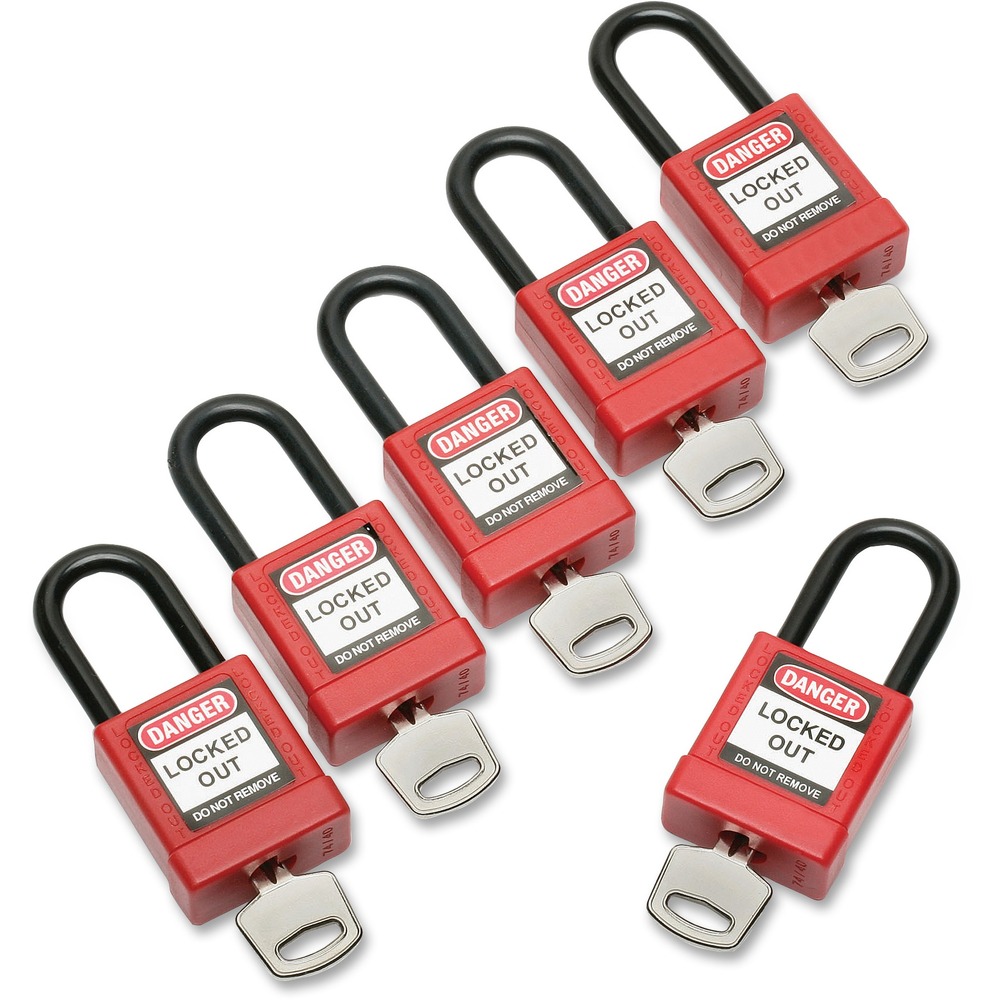 NSN6502636 - Keyed-alike lockout padlocks are designed exclusively for lockout/tagout applications to help ensure dangerous machines are properly turned off and not restarted before maintenance is complete. High-security, reserved-for-safety cylinder with key-retaining ensures padlock is not left unlocked. Lock body stands up to chemicals and temperature extremes. It is UV stable. The durable, lightweight, lock body is easy to carry. The 1-3/8" wide x 1-7/8" tall Thermoplastic body has a 1-1/2" shackle clearance.