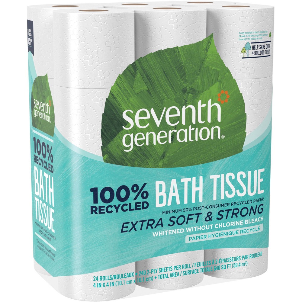 SEV13738 - Soft, Recycled Bathroom Tissue makes it easy to lessen your environmental impact. It is made with a high percentage of post-consumer content, and buying products made from recycled paper reduces the need for virgin wood pulp so more trees are left standing. Bathroom tissue is whitened without chemicals containing chlorine. It has no added dyes or fragrances. Two-ply construction provides strength. Each roll contains 240 sheets.