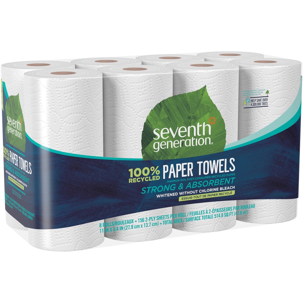 SEV13739 - Hardworking, recycled paper towels absorb spills quickly, even when wet, and make it easy to lessen your environmental impact. They are made with a high percentage of post-consumer content, and buying products made from recycled paper helps reduce the need for virgin wood pulp so more trees are left standing. Paper towels are whitened without chemicals containing chlorine. They have no added dyes or fragrances. Two-ply construction delivers absorbency and strength. Each roll contains 156 sheets.
