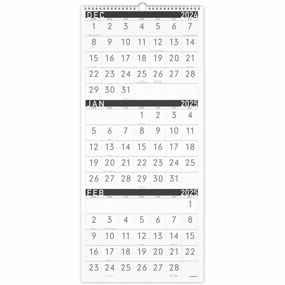 AAGPM11X28 - Wall calendar with contemporary design provides a convenient, three-month view - all on one page. Date range covers 14 months in total from December to February. Vertical orientation of the past, current and future months is easy to follow. Large, easy-to-read numbers make this calendar especially great for reference. Each month also includes holidays and Sunday-through-Saturday scheduling. Full chipboard backing provides durability. Calendar features stylish copper wire binding. Built-in loop allows easy wall hanging. Calendar is printed on quality paper.