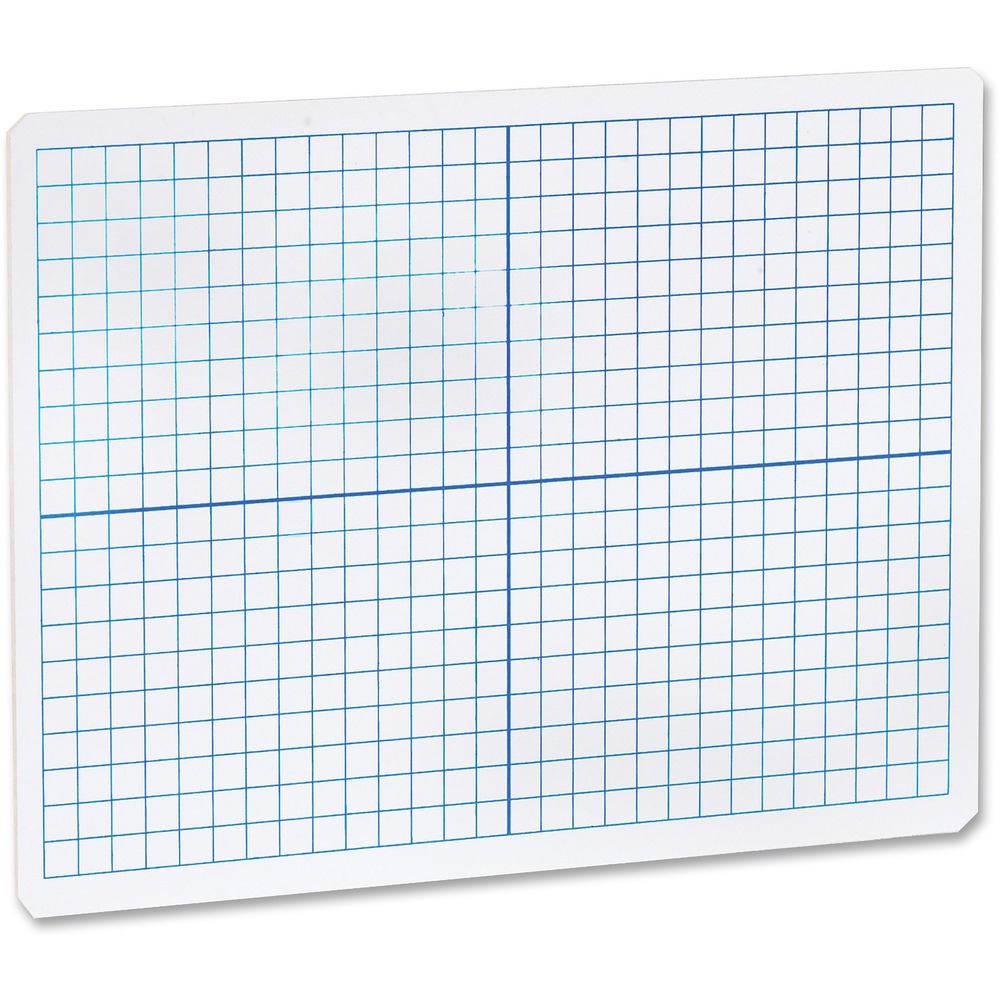 FLP11000 - Unframed, dry-erase board offers a blue XY axis grid on one side and plain dry-erase surface on the other. Bold lines separate board into quadrants each 14 squares by 10 squares. The total grid is 28 squares by 20 squares. Individual squares measure 3/8" x 3/8". High-quality, dry-erase coating will not ghost. Board features rounded corners and smooth edges for comfort and safety. Durable hardboard backing is warp-resistant and chip-resistant.