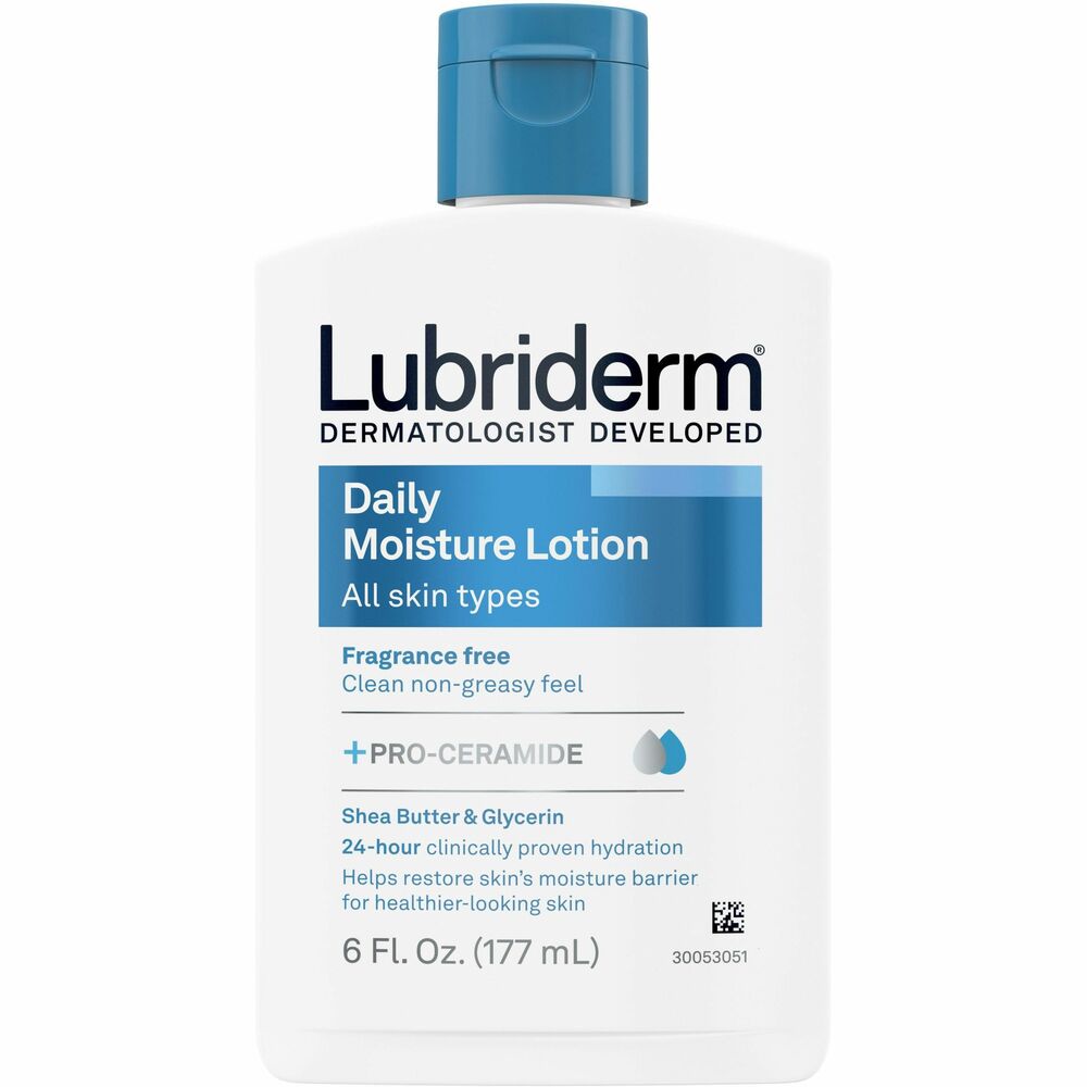JOJ48826 - Ideal for normal-to-dry skin types, Lubriderm Daily Moisture Fragrance-Free Body Lotion replenishes and moisturizes dry skin. From a dermatologist-developed brand, this daily hydrating lotion is clinically proven to help moisturize dry skin for 24 hours, achieving healthy-looking skin. It is formulated with Vitamin B5 and skin essential moisturizers to help improve your skin's moisture barrier. Nongreasy formula provides a pleasant, soft and smooth feel to the skin. Fast-absorbing lotion keeps tattooed skin looking its best. Plus, Lubriderm is a recommended brand by tattoo artists for tattoo care and aftercare.