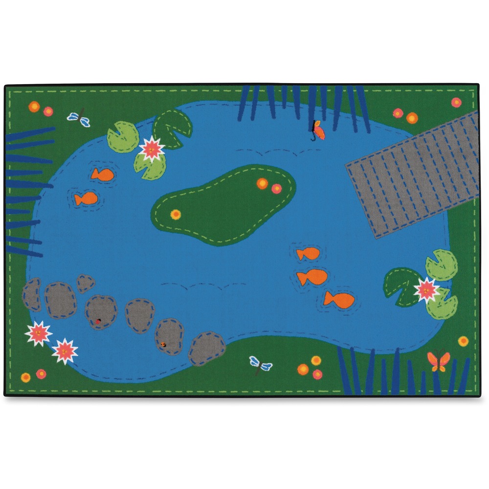 CPT9606 - Pond-themed rug stimulates children's imaginations with a fun, creative design. Skid-resistant backing prevents the rug from sliding during use. Soil-resistant material minimizes stains and provides an easy way to clean the rug. Rug is machine-washable using cold water and mild detergent.