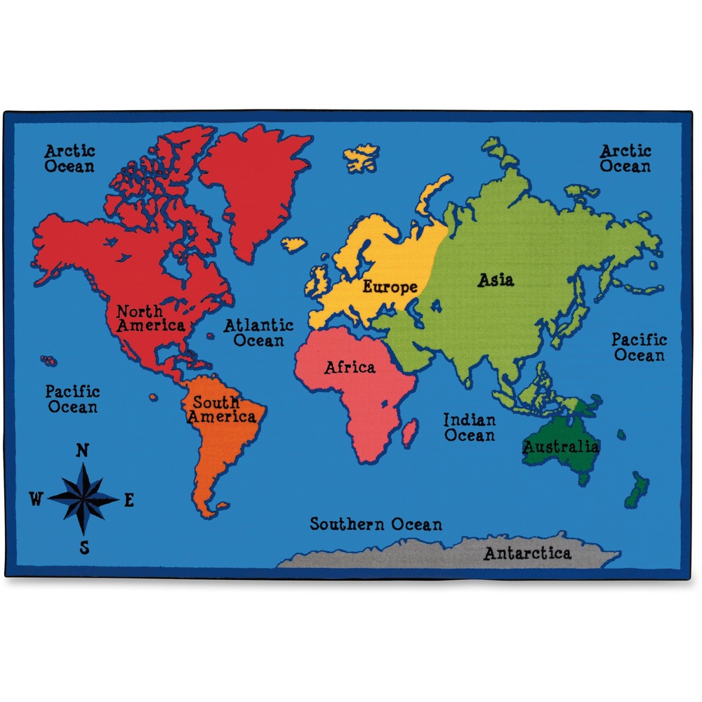 CPT9686 - World map rug stimulates children's imaginations with a fun, creative design. Skid-resistant backing prevents the rug from sliding during use. Soil-resistant material minimizes stains and provides an easy way to clean the rug. Rug is machine-washable using cold water and mild detergent.