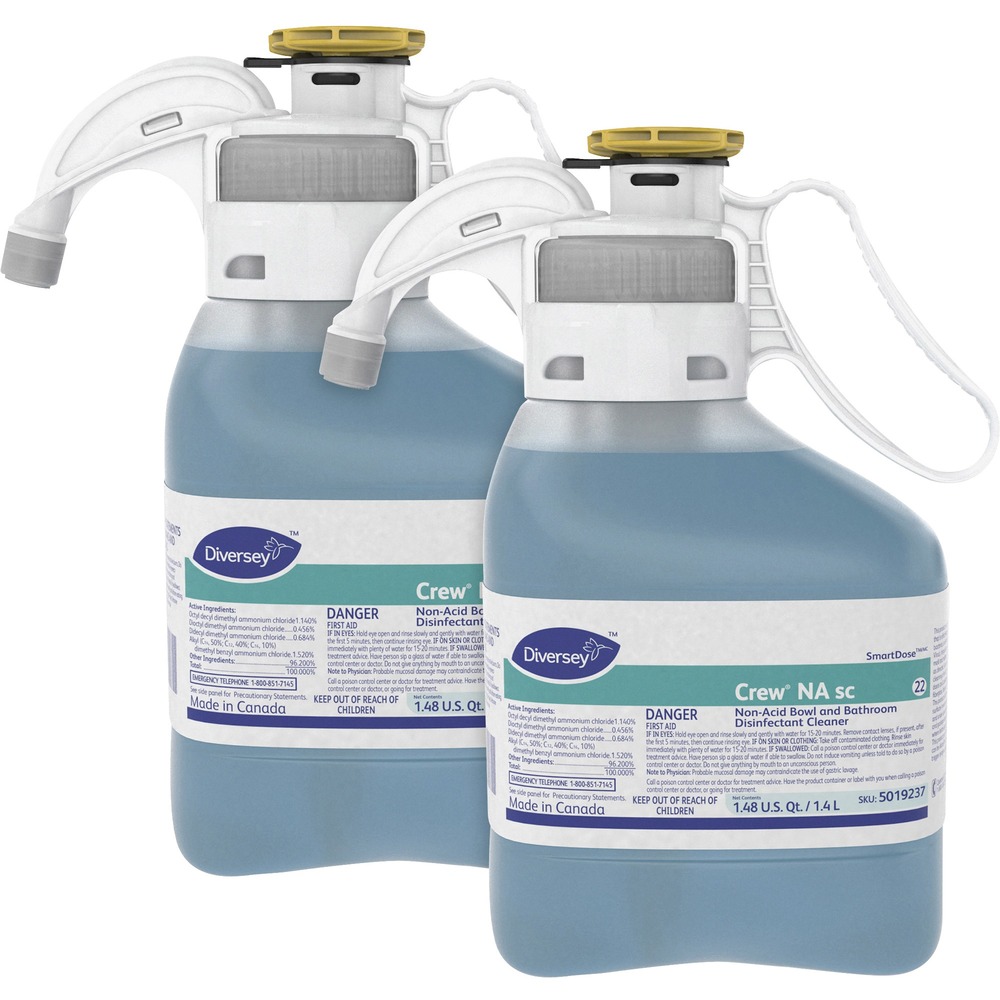 DVO5019237CT - Nonacid, multi-surface, restroom disinfectant/cleaner cleans, disinfects and deodorizes toilet bowls, urinals, sinks, faucets, walls, countertops and other bathroom surfaces in one easy step and with a floral scent. Patent-pending system allows you to easily, safely and accurately dose concentrated cleaning products. Concentrated formula dilutes at 1 oz. per gallon delivering cleaning performance for just pennies per diluted gallon. This disinfectant cleaner is part of the Diversey SmartDose system, effectively delivering accurate doses of concentrated product simply, safely and swiftly. Cleaner kills HIV-1, staphylococcus aureus, salmonella choleraesuis, E. coli, trichophyton mentagrophytes and other microorganisms and provides broad-spectrum efficacy against common bathroom microorganisms.