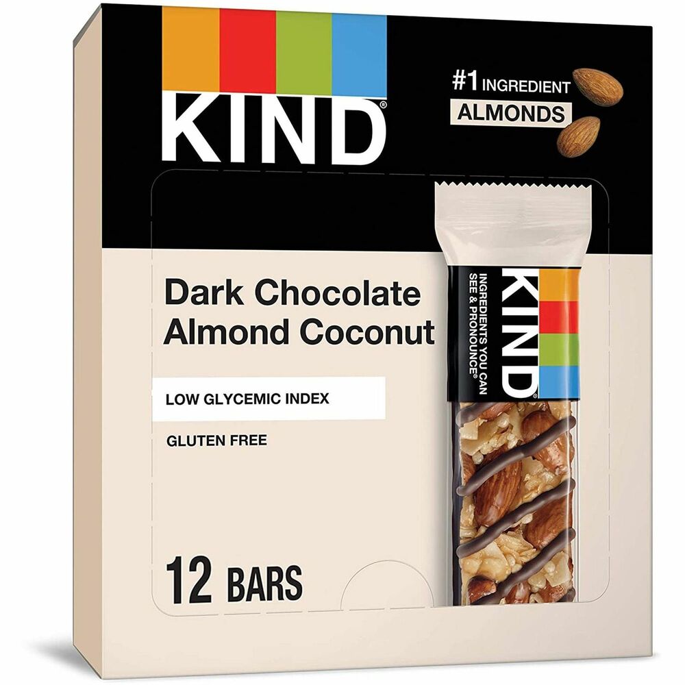 KND19987 - Kind Bars are made with tasty ingredients you can see and pronounce. These all-natural fruit and nut bars have no secret ingredients and no artificial flavors. This delicious treat gives your body essential nutrients like fiber, protein and antioxidants. Delicious taste of the Kind Almond and Coconut Bar drizzled in rich dark chocolate offers an updated take on an old favorite. The bars are gluten-free, wheat-free, dairy-free, non-GMO and low-glycemic. They do not contain trans fats, sulfur dioxide or hydrogenated oils. More from the Manufacturer