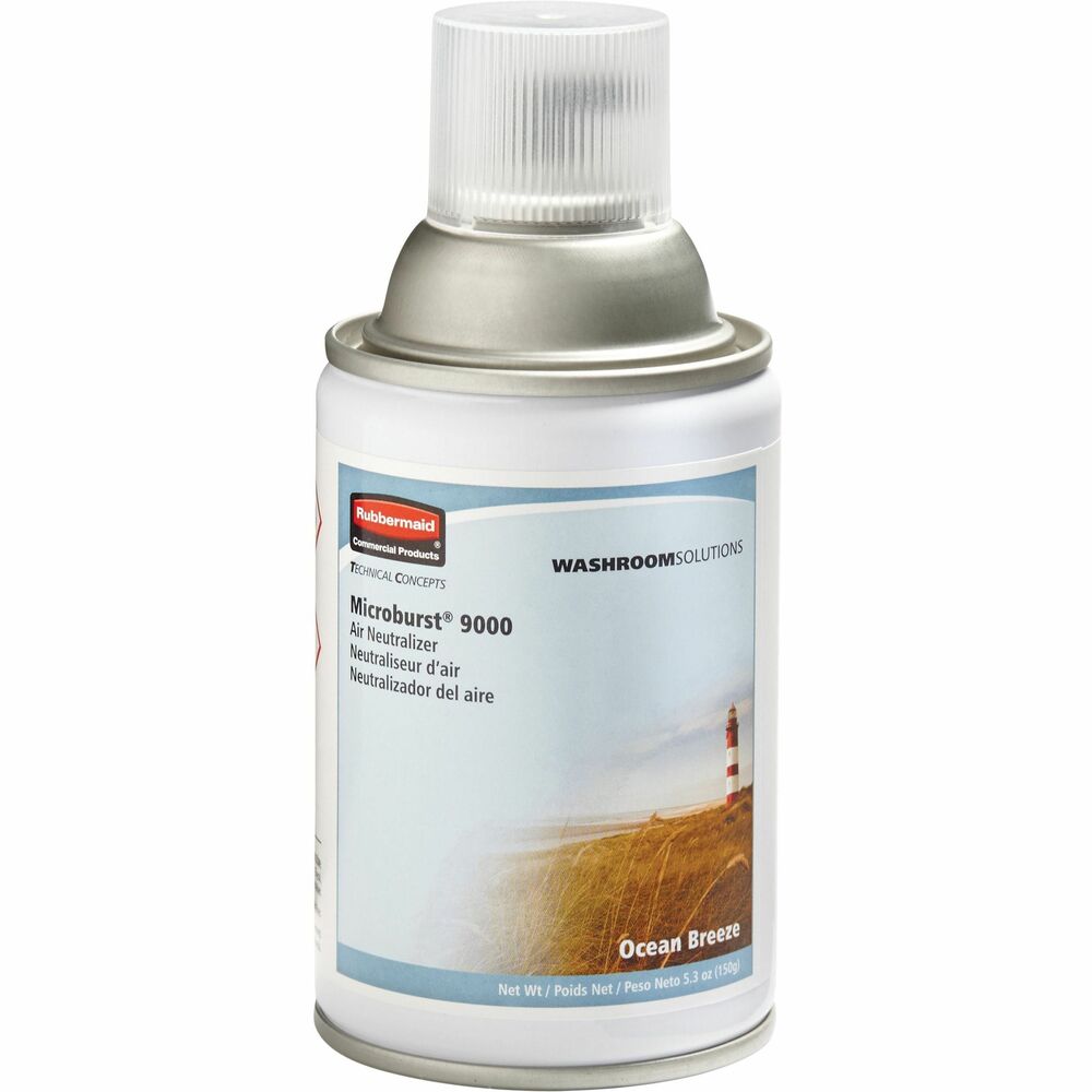 RCP4012471 - Ocean Breeze Refill delivers long-lasting, effective odor control in Rubbermaid Commercial Microburst 9000 Dispensers. While traditional air fresheners only camouflage malodors, this refill is engineered to do the complete job with Microtrans, a true odor neutralizer. It is paired with high-quality fragrances to effectively eliminate unavoidable odors in commercial washrooms. Ocean Breeze features refreshing citrus and herbal notes that are topped with florals on a musk base. Refill actuator distributes the industry's finest mist for longer-lasting fragrance with 9,000 sprays per refill. Refill contains 63 percent less VOCs per spray than a standard aerosol.
