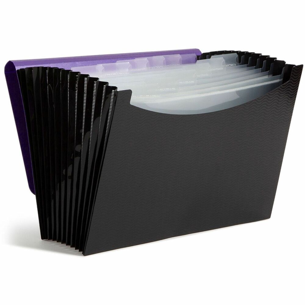 SMD70862 - Poly Frequency Expanding File offers a fully expanding bottom so it can stand freely on a desk to allow easy access to contents. Unique Frequency embossing pattern adds style yet remains professional. Durable poly file resists tearing, repels moisture and is easy to clean for years of use. Material is acid-free. Purple protective cover flap is secured by an elastic cord-and-button closure. Inside pockets with clear indexed dividers distinguish this file from a normal file. File includes 12 expandable pockets and customizable tab inserts. Each pocket expands more than 1".