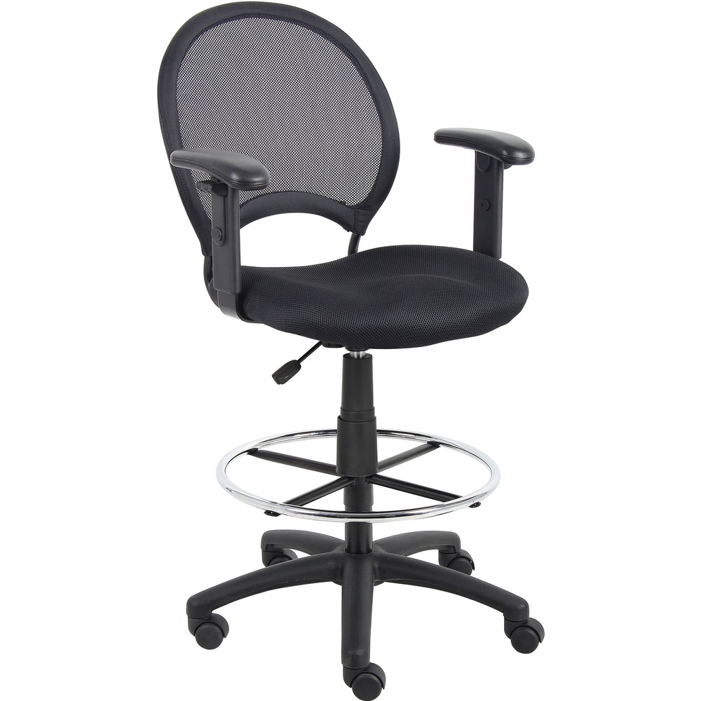 BOPB16216 - Drafting stool features a breathable, mesh fabric that prevents body heat and moisture buildup to keep you cool and comfortable during extended periods of work. Seat is supported by a solid metal back frame with a ballistic nylon wrap for a stable, comfortable back rest. Pneumatic gas lift allows easy seat-height adjustments to help you find the personalized sitting style that suits you and your work environment. 20" chrome footing provides added foot and leg support. The 25" nylon base offers extra stability to the chair by spreading the load over a larger surface area to help prevent tipping. Hooded, double-wheel casters slide smoothly on floors to make it easy to move and shift directions. Adjustable arms allow you to sit in a more natural position that suits your body. Drafting stool supports up to 275 lb.