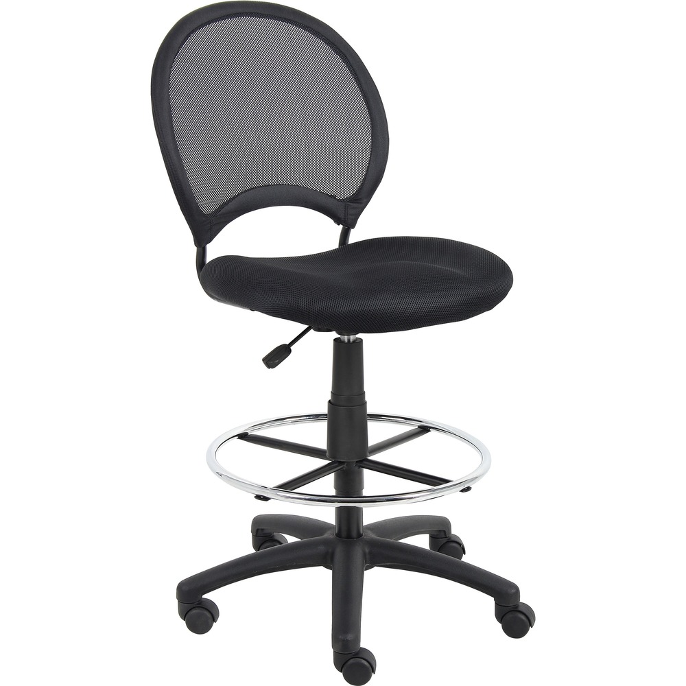 BOPB16215 - Drafting stool features a breathable, mesh fabric that prevents body heat and moisture buildup to keep you cool and comfortable during extended periods of work. Seat is supported by a solid metal back frame with a ballistic nylon wrap for a stable, comfortable back rest. Pneumatic gas lift allows easy seat-height adjustments to help you find the personalized sitting style that suits you and your work environment. 20" chrome footing provides added foot and leg support. The 25" nylon base offers extra stability to the chair by spreading the load over a larger surface area to help prevent tipping. Hooded, double-wheel casters slide smoothly on floors to make it easy to move and shift directions. Drafting stool supports up to 275 lb.